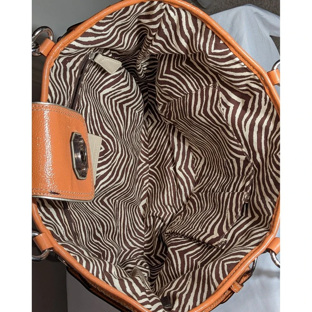 Coach Madison Straw Tote Flower Applique Natural & Orange Raffia Silver Studded
